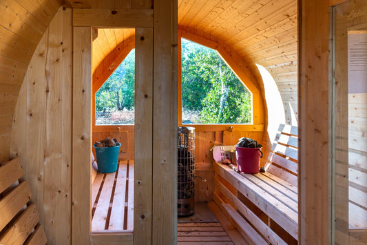 Sauna room with window and wooden bench.