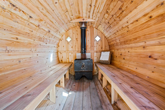 Sauna room with stove and wooden benches.