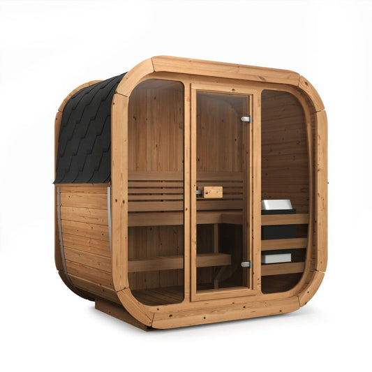 Cube 125 outdoor sauna seen from the front and side, with a glazed door and wood cladding.
