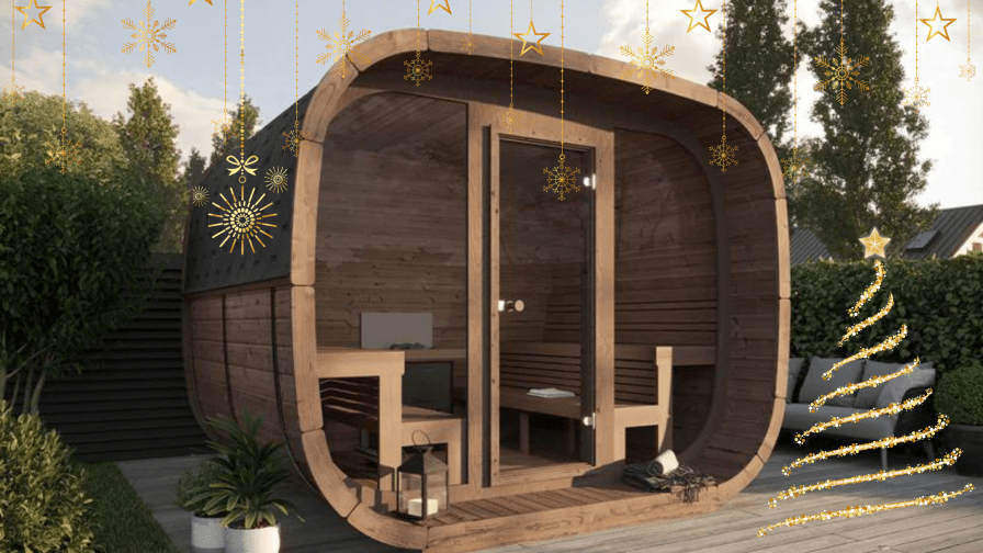 Outdoor sauna with window and door.