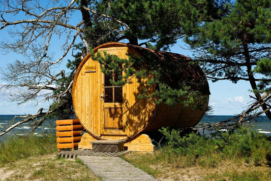 Sauna in the shape of a wooden barrel.