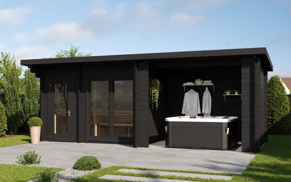 Black outdoor sauna with jacuzzi and garden.