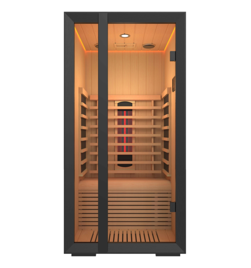 Onni infrared sauna with glass doors.