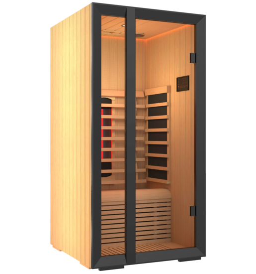 Onni infrared sauna with glass doors and cozy design.