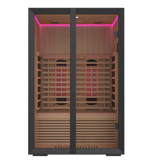 Onni infrared sauna with red lights and wooden structure.