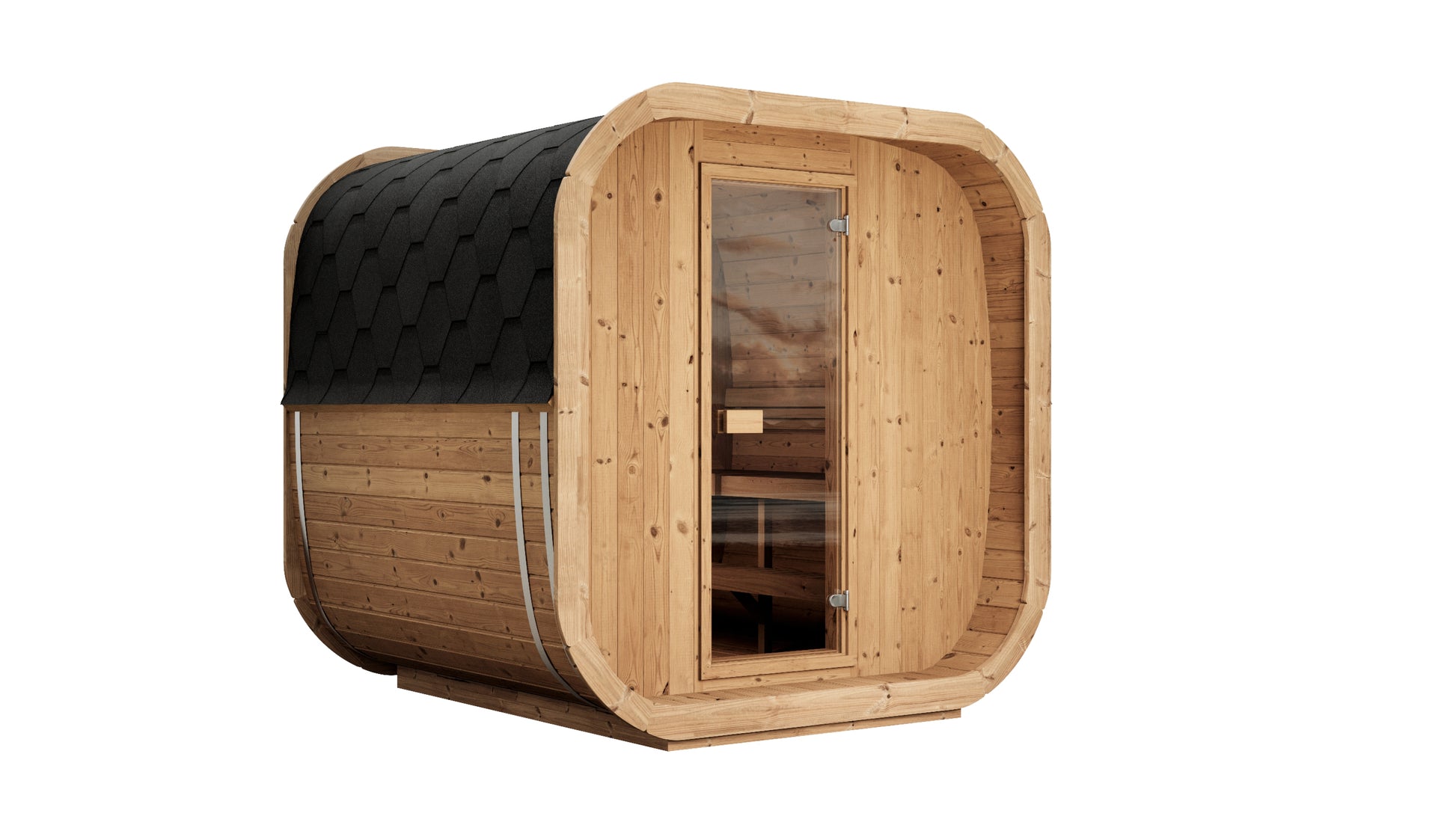 Saunamo Cube 220: modern wooden sauna with window and glass door.