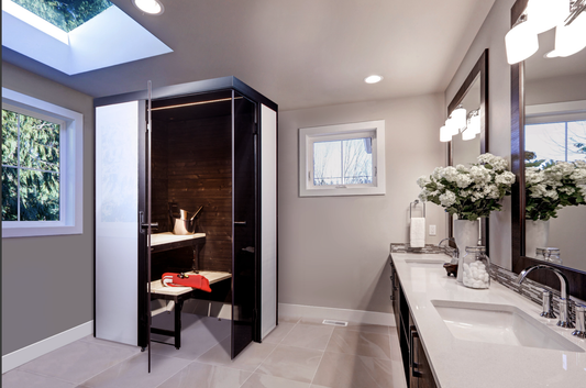 SmartFold 2.0 folding sauna in a modern bathroom.