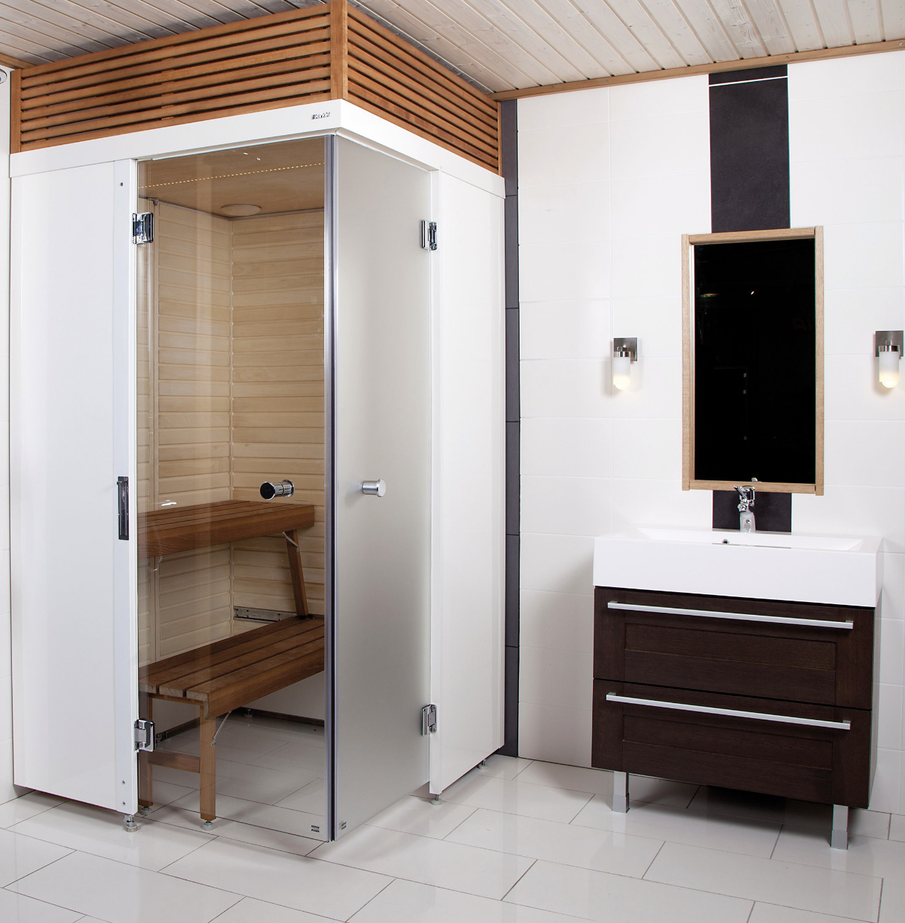 Smart Fold sauna in a stylish bathroom.