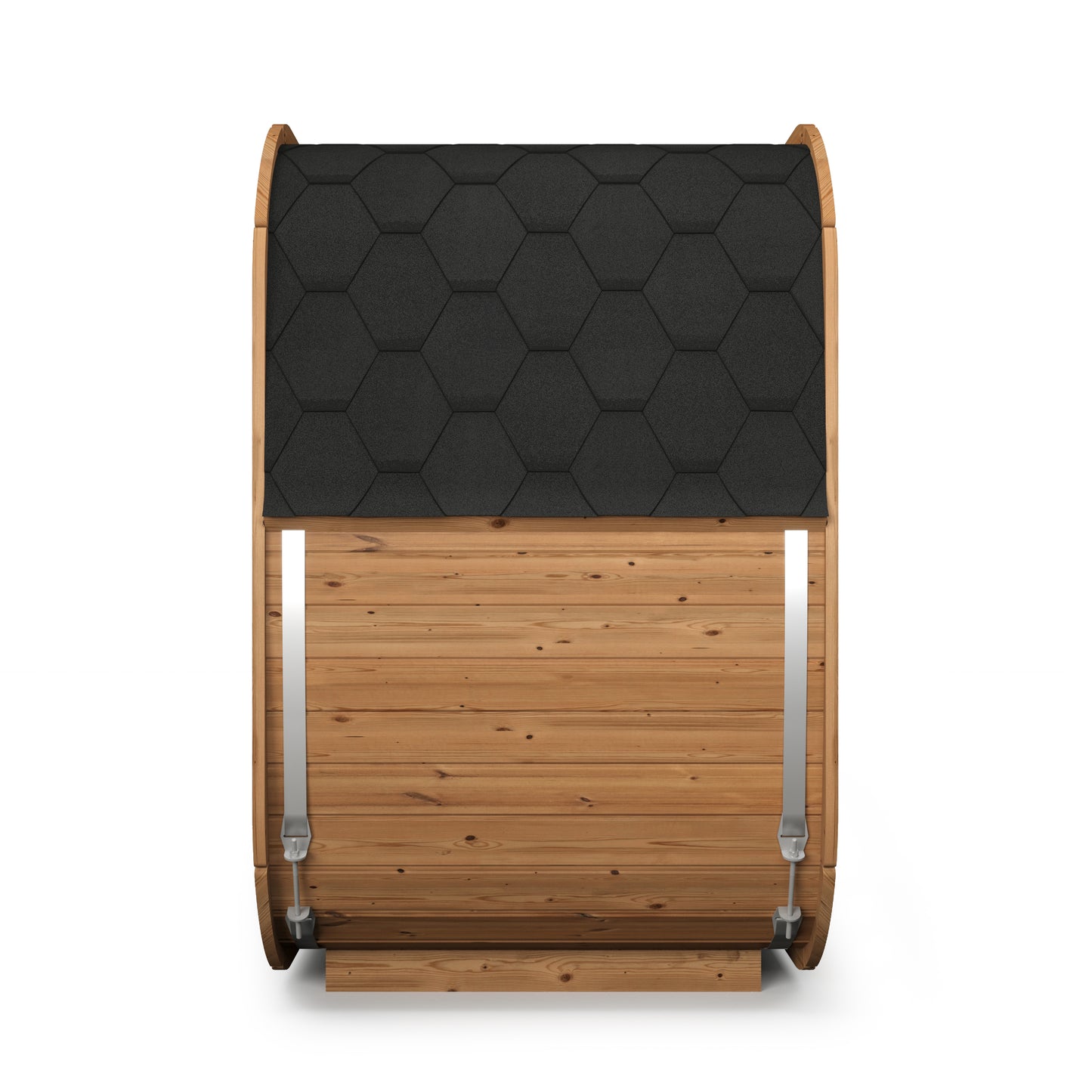 Cube 125 outdoor sauna with black roof and wooden walls.