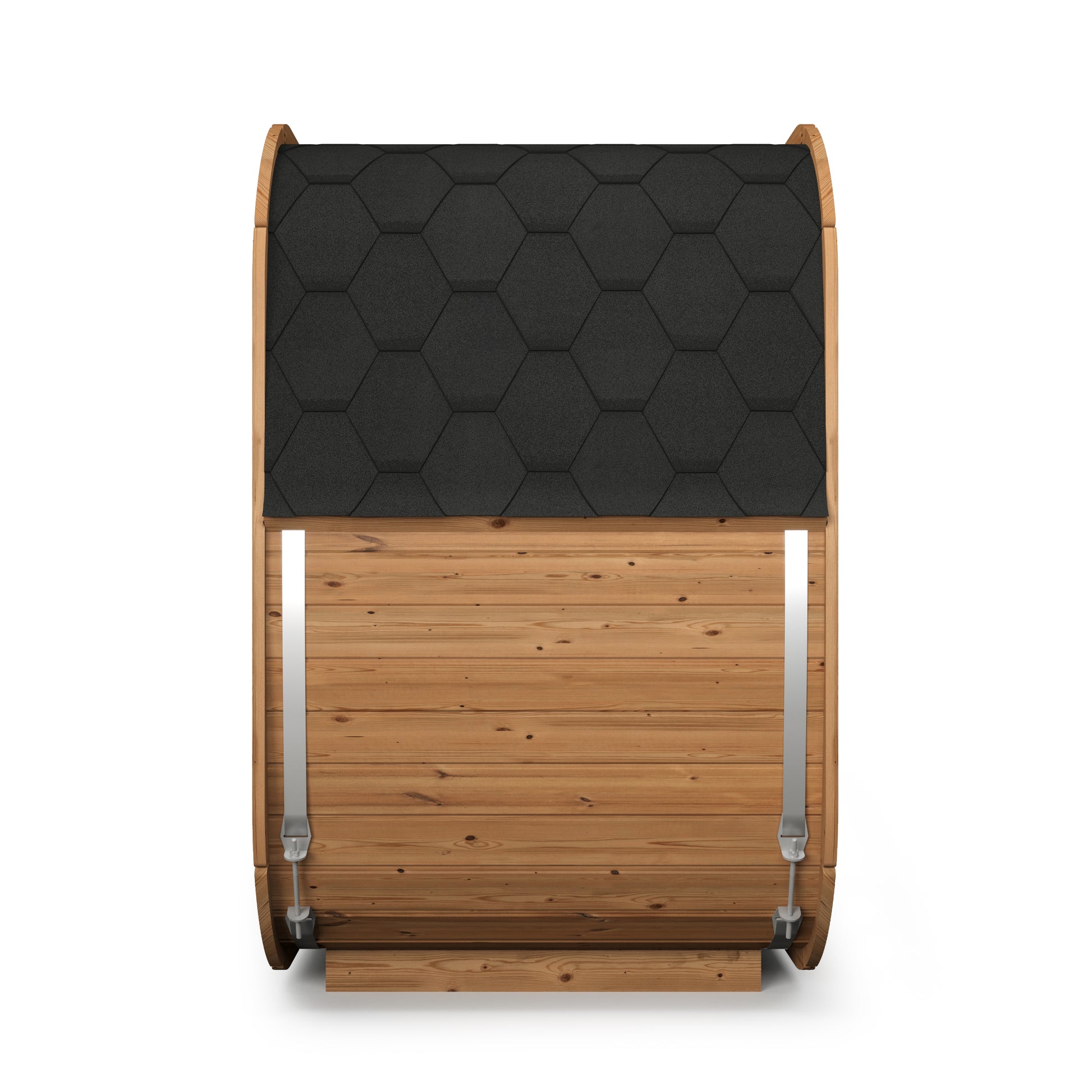 Cube 125 outdoor sauna with black roof and wooden walls.