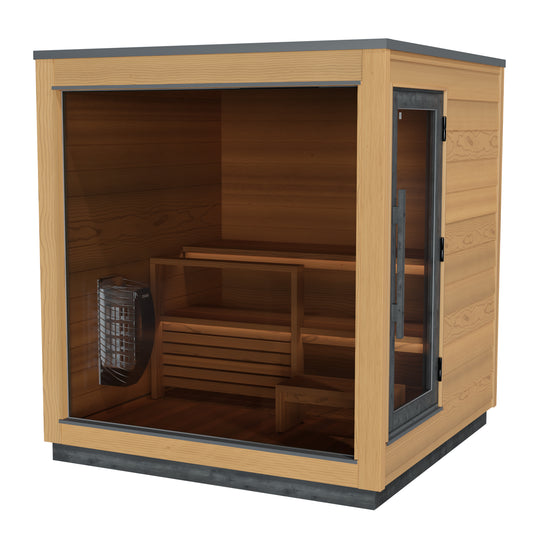 Nordic Dawn outdoor sauna with panoramic glass door.