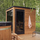 Nordic Dawn outdoor sauna with glass door and wooden benches.