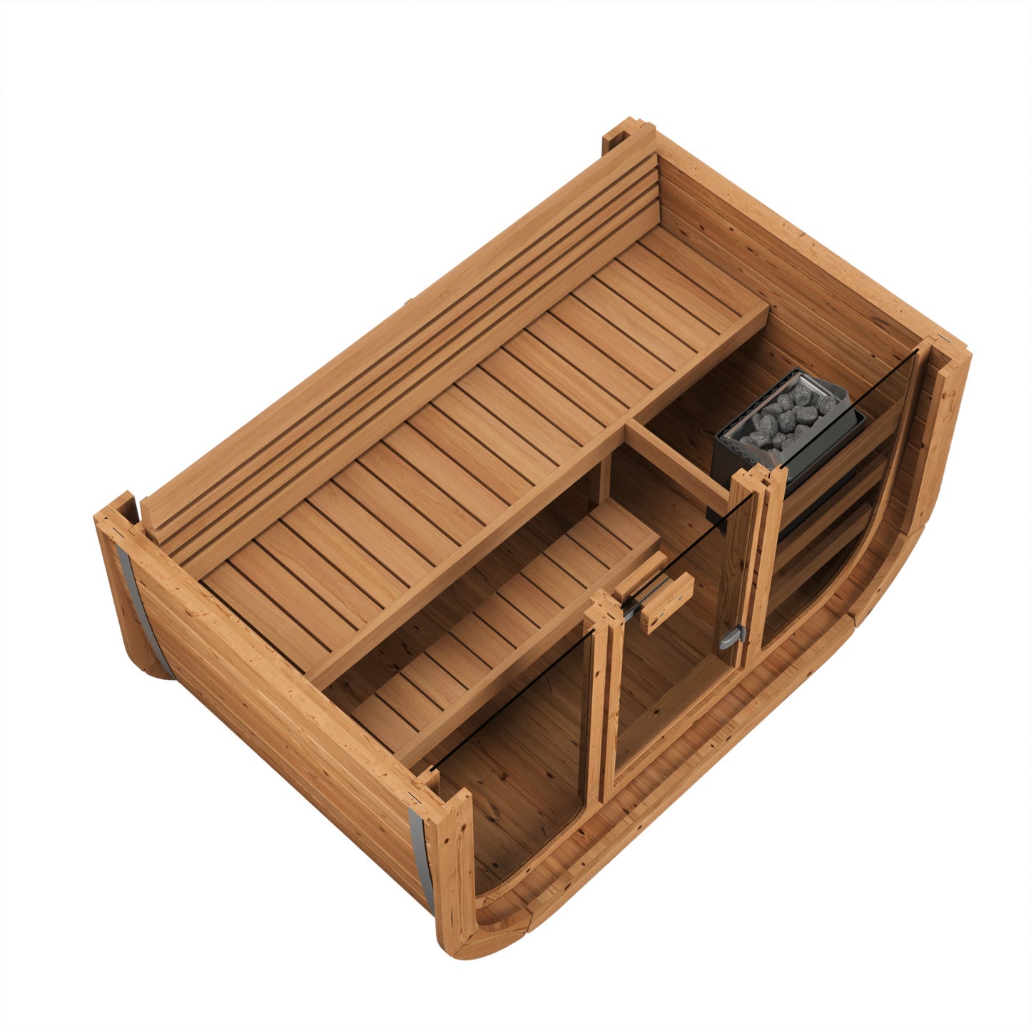 Cube 125 outdoor sauna with wooden shelves and benches.