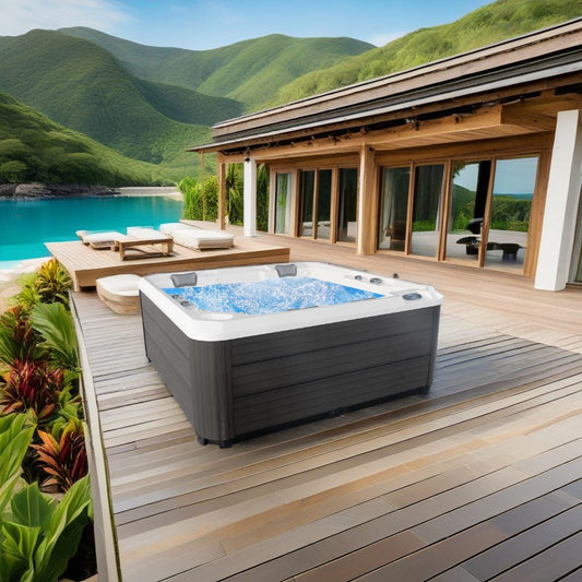 Hydra 215 outdoor Jacuzzi on a deck overlooking the mountains.