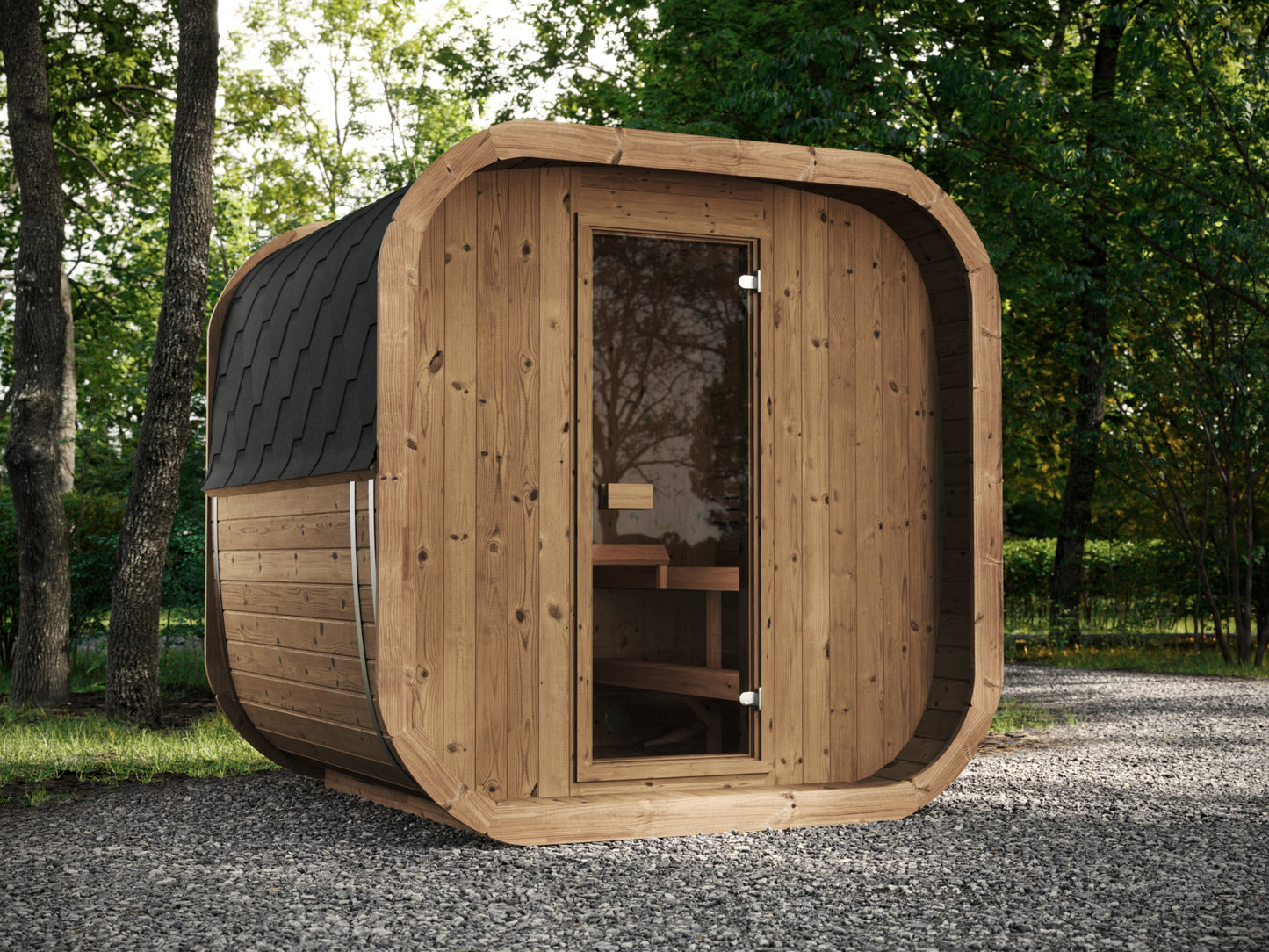 Saunamo Cube 220: modern wooden sauna with glass door.