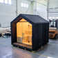 LUMI insulated outdoor sauna with glass wall.