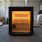 LUMI sauna with glass wall indoors.