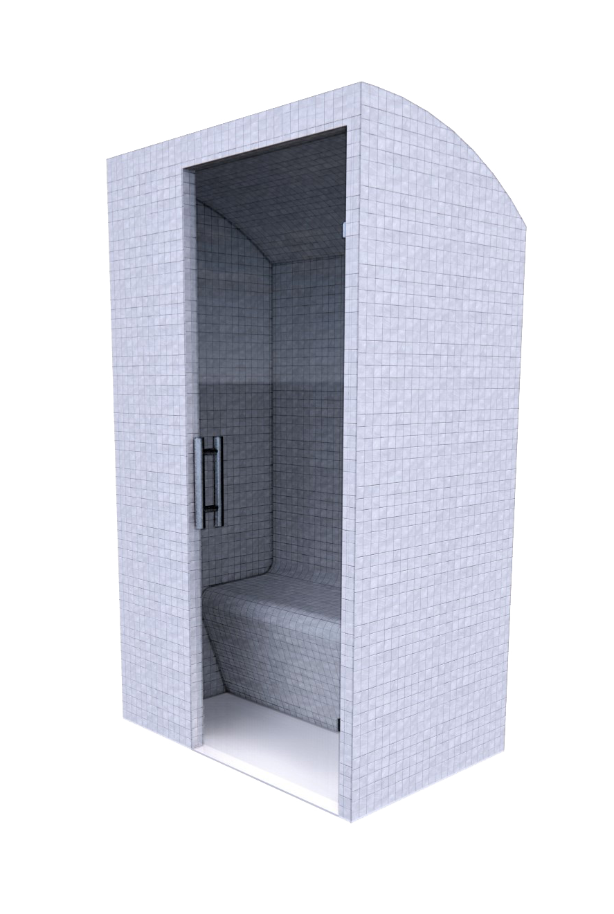 Basic 120 Turkish bath in a bathroom with white tiles.