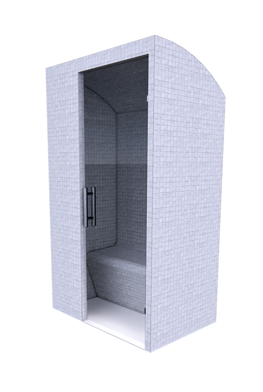 Basic 120 Turkish bath in a bathroom with white tiles.