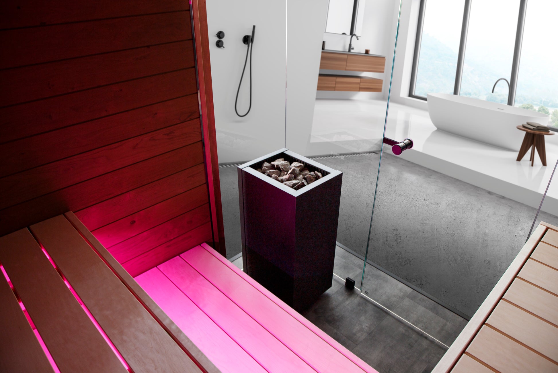 Sauna Block Harvia in a modern bathroom with a pink bench and bathtub.