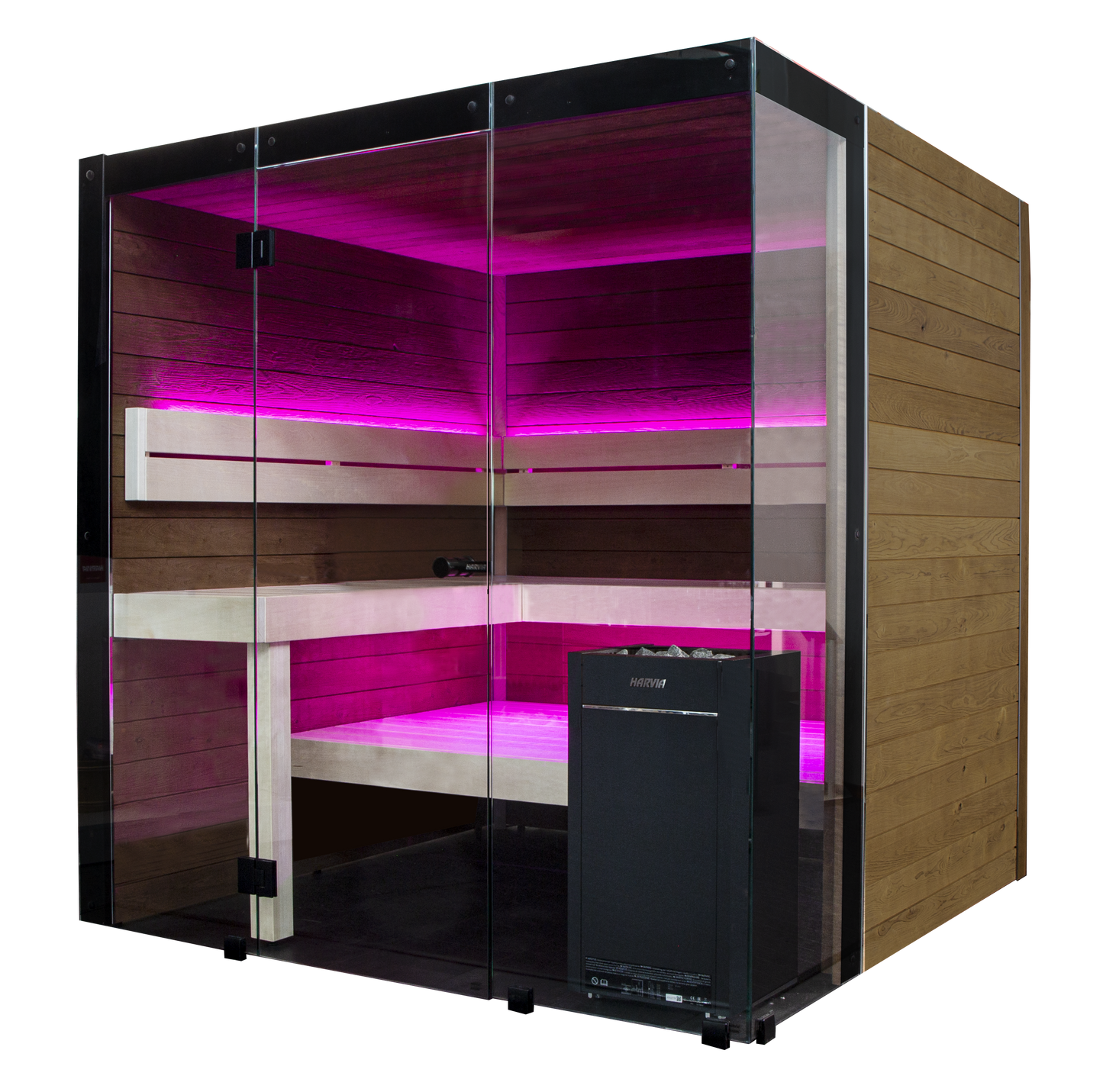 Block sauna made of glass and wood with pink LED lights.