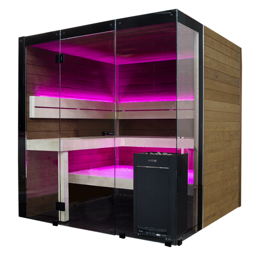 Block sauna made of glass and wood with pink LED lights.