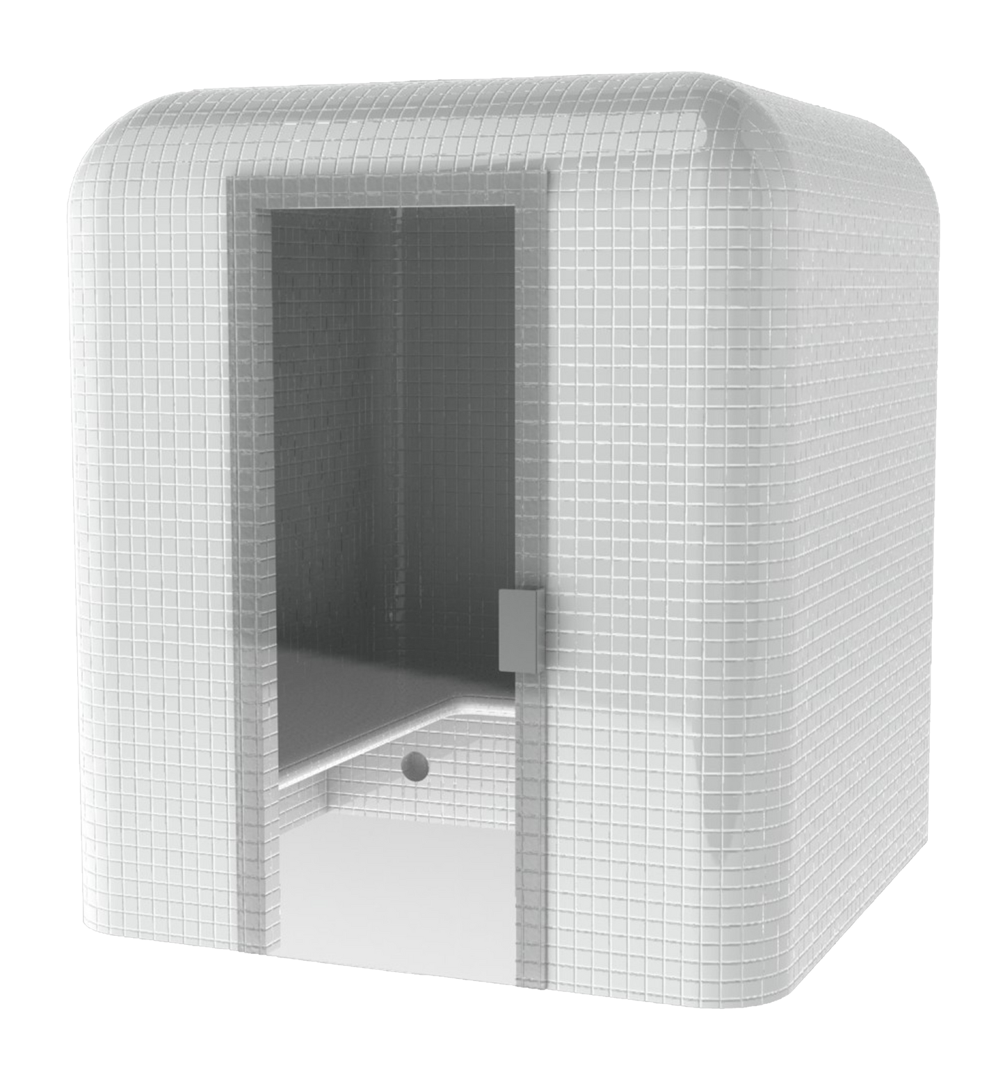 Cube Turkish bath with open door and rounded design.