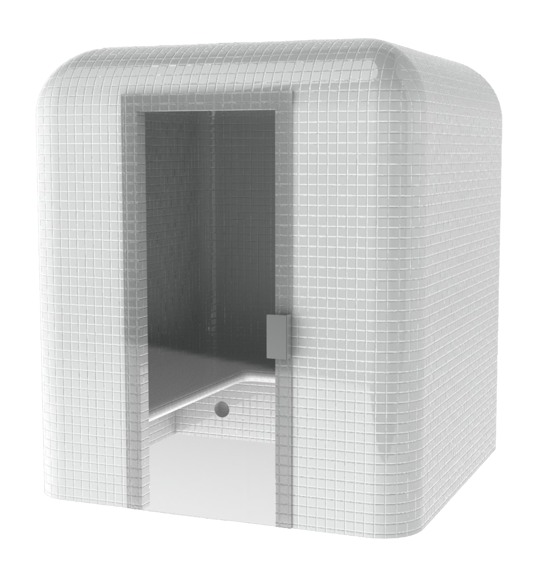 Cube Turkish bath with open door and rounded design.