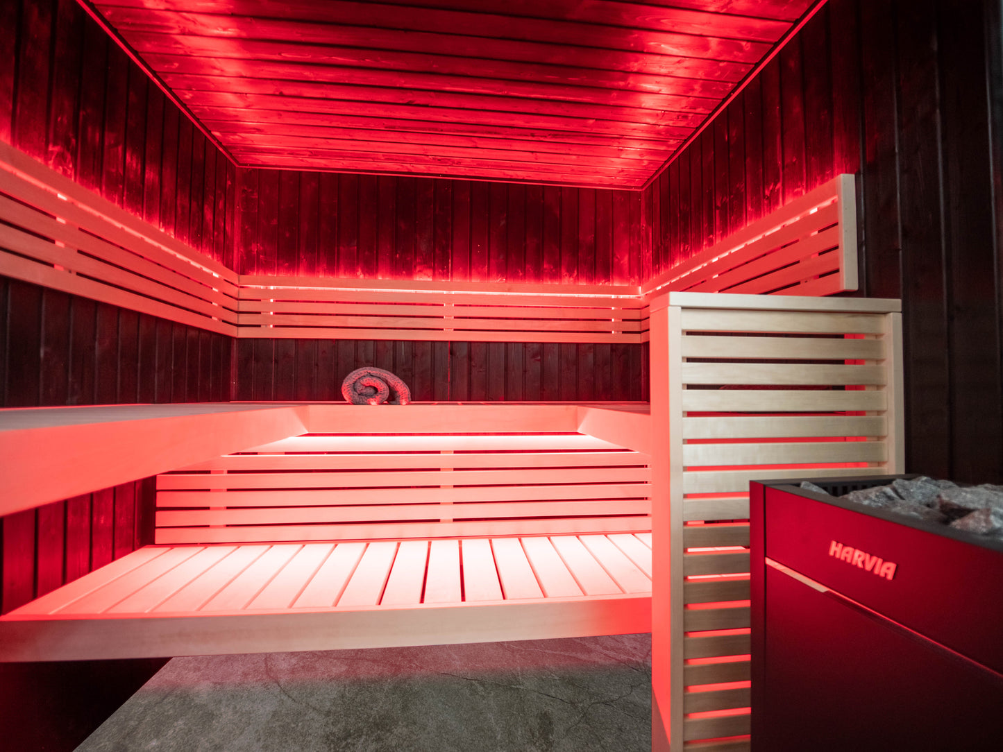 Fenix sauna with LED lights and glass wall