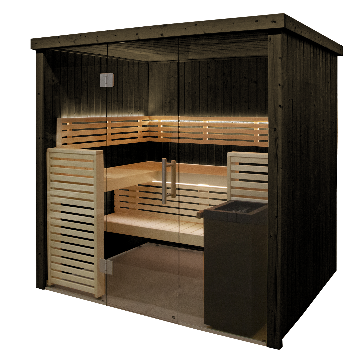 Fenix sauna with glass doors and light seats