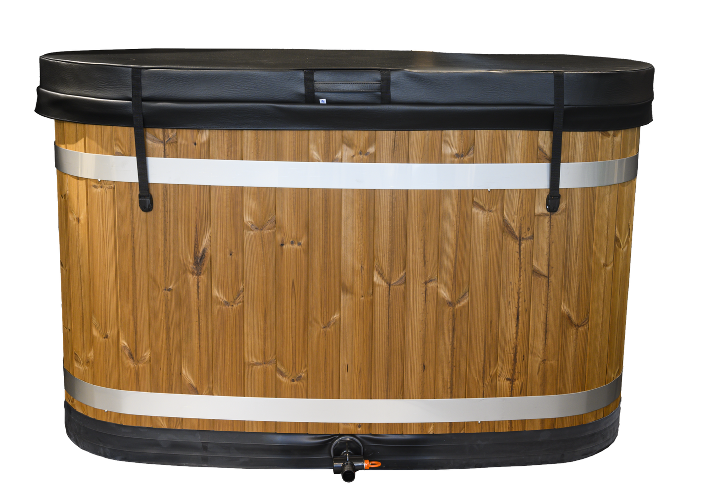 Wooden barrel with black lid, Cold Plunge Frosty.