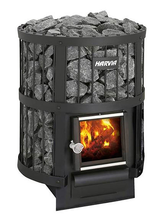 Harvia Legend 150 wood heater with stones and fire.