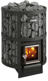 Wood heater - Harvia Legend 240 with stones and visible flames.