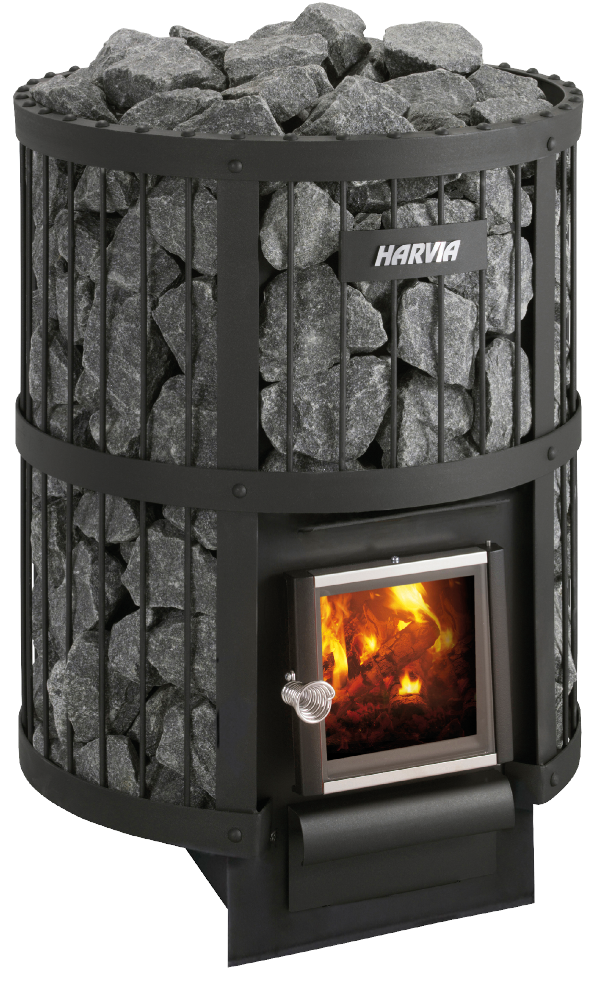 Wood heater - Harvia Legend 240 with stones and visible flames.