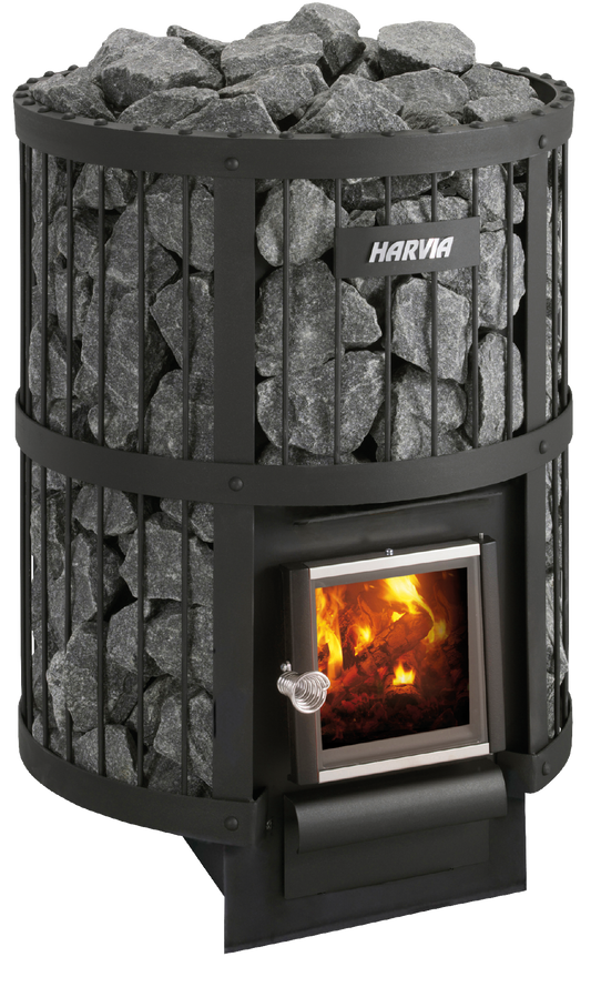 Wood heater - Harvia Legend 240 with stones and visible flames.