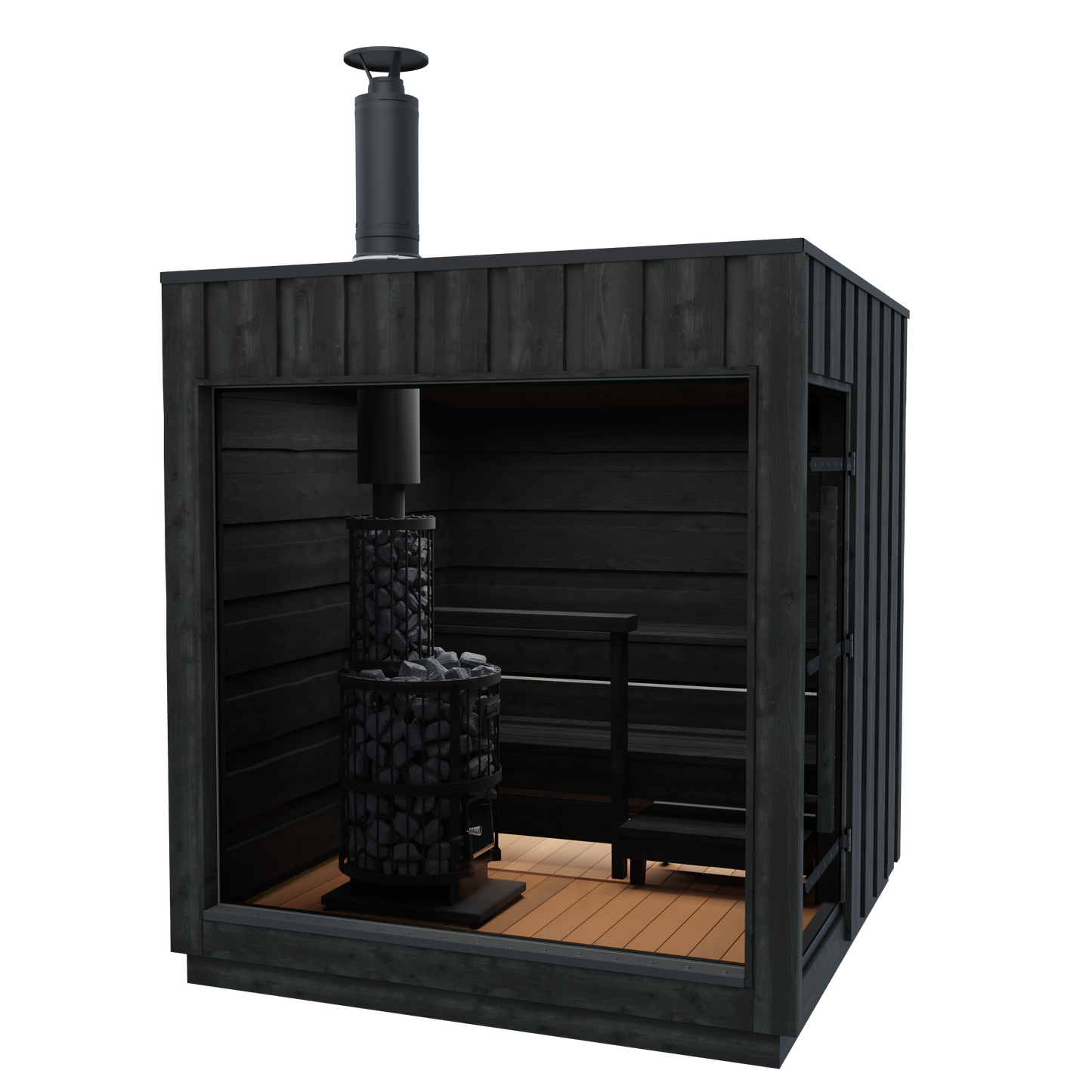 Legend sauna with chimney and black wood interior.