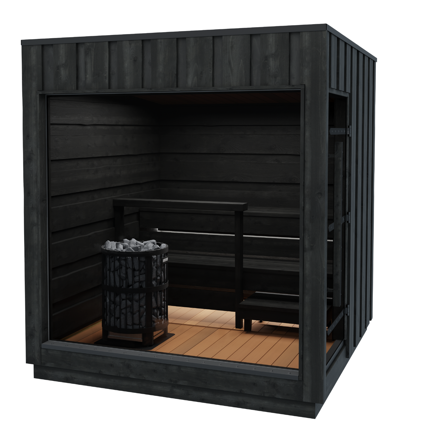 Legend Harvia sauna with bench and fireplace.