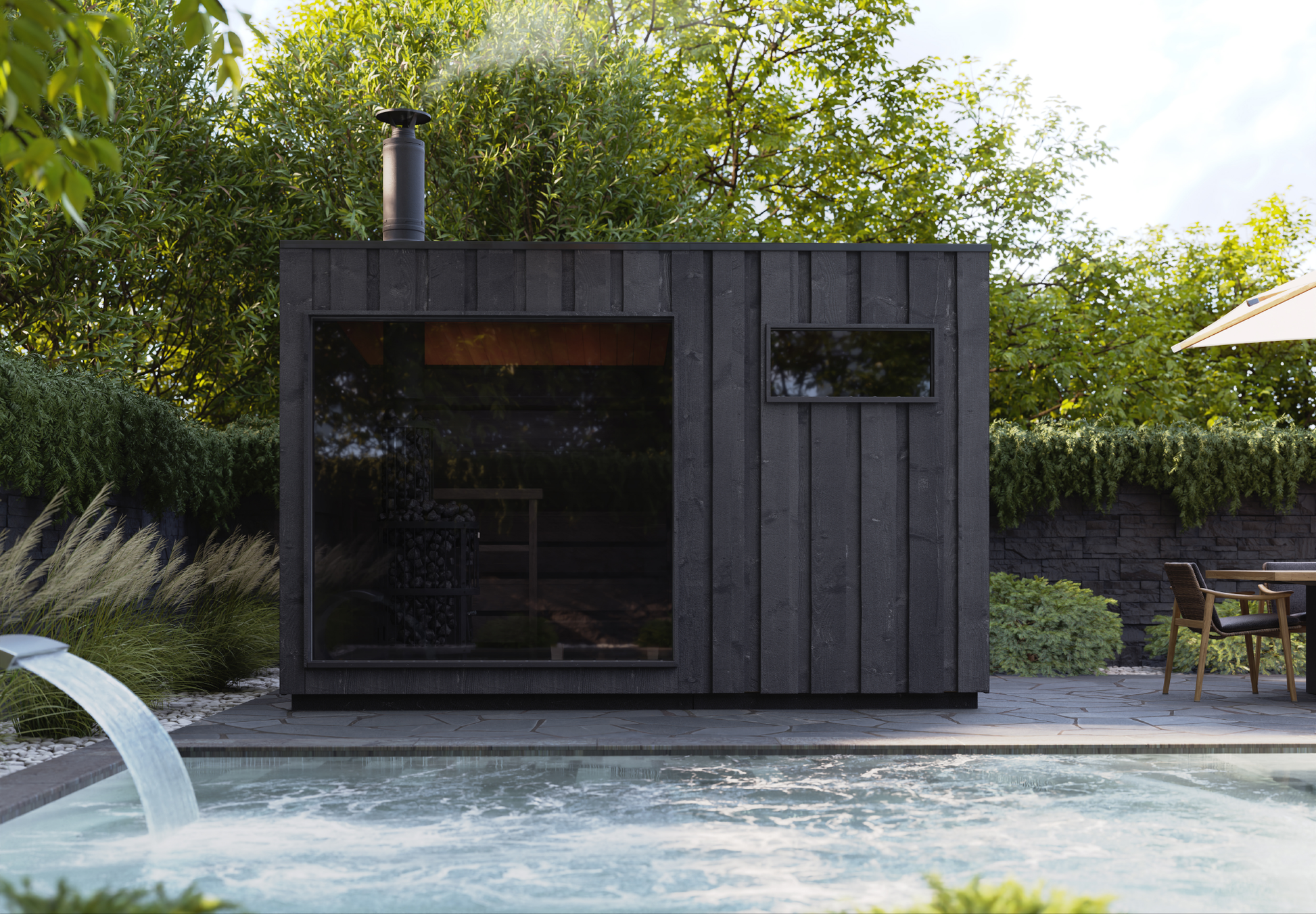 Legend sauna with panoramic window and wooden exterior.