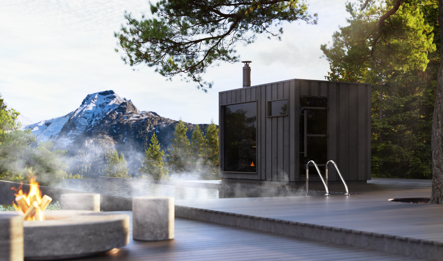 Legend sauna with panoramic window and mountain views.