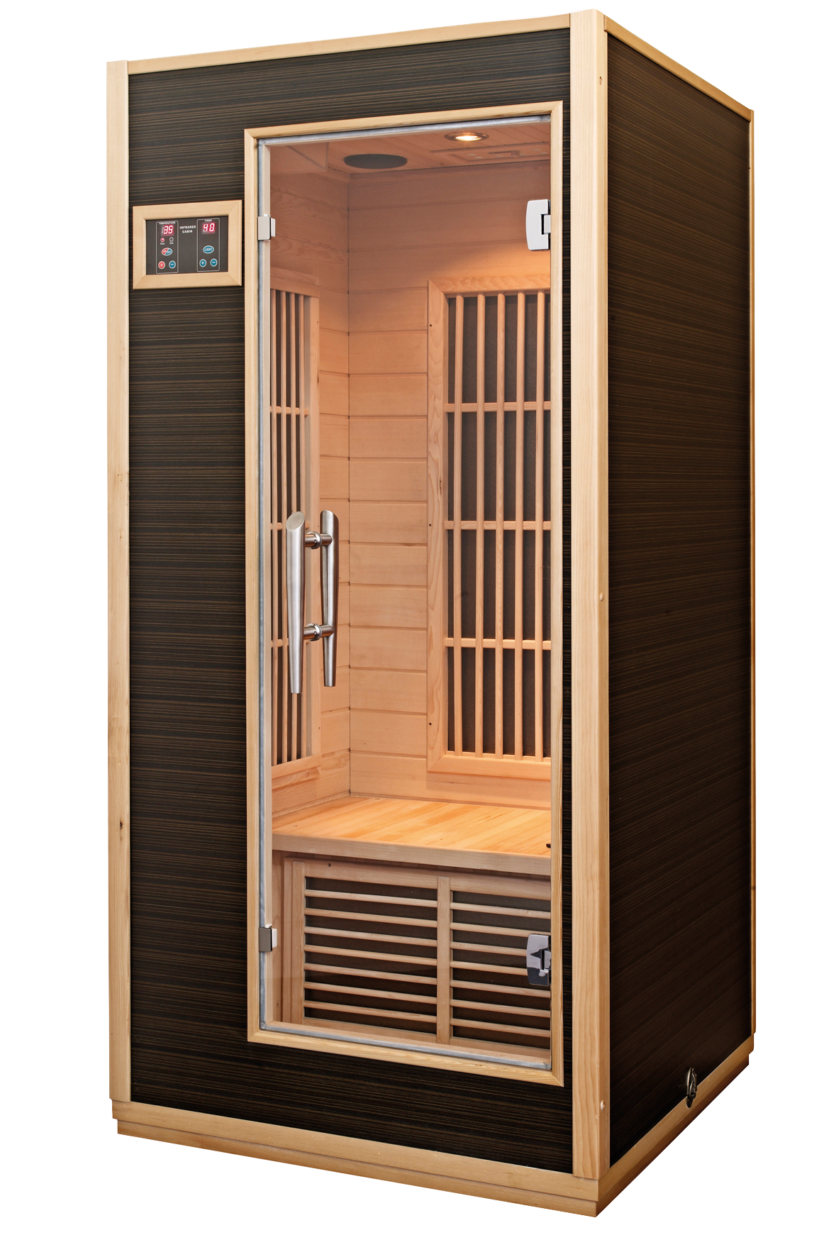 Radiant infrared sauna with open glass door.