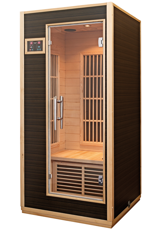 Radiant infrared sauna with open glass door.