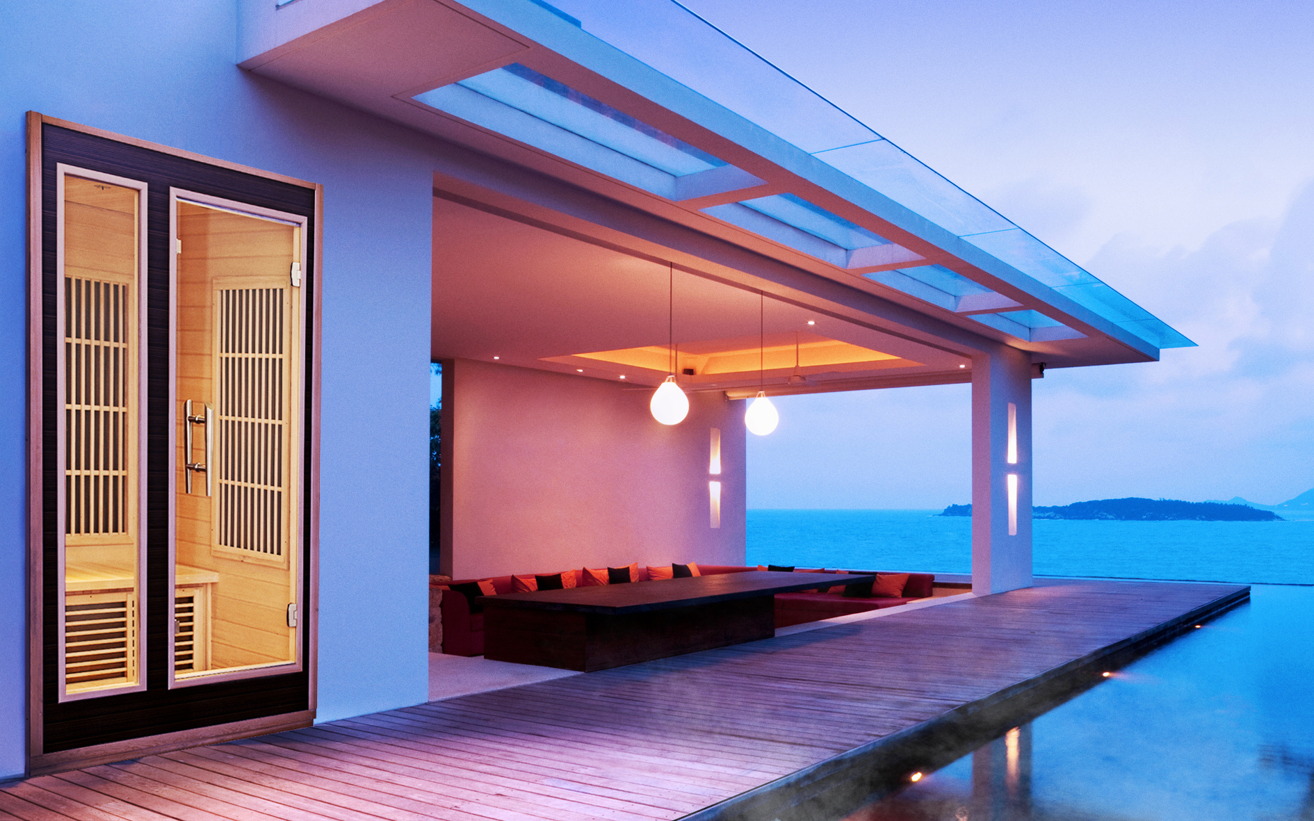 Radiant Infrared Cabin next to a swimming pool.