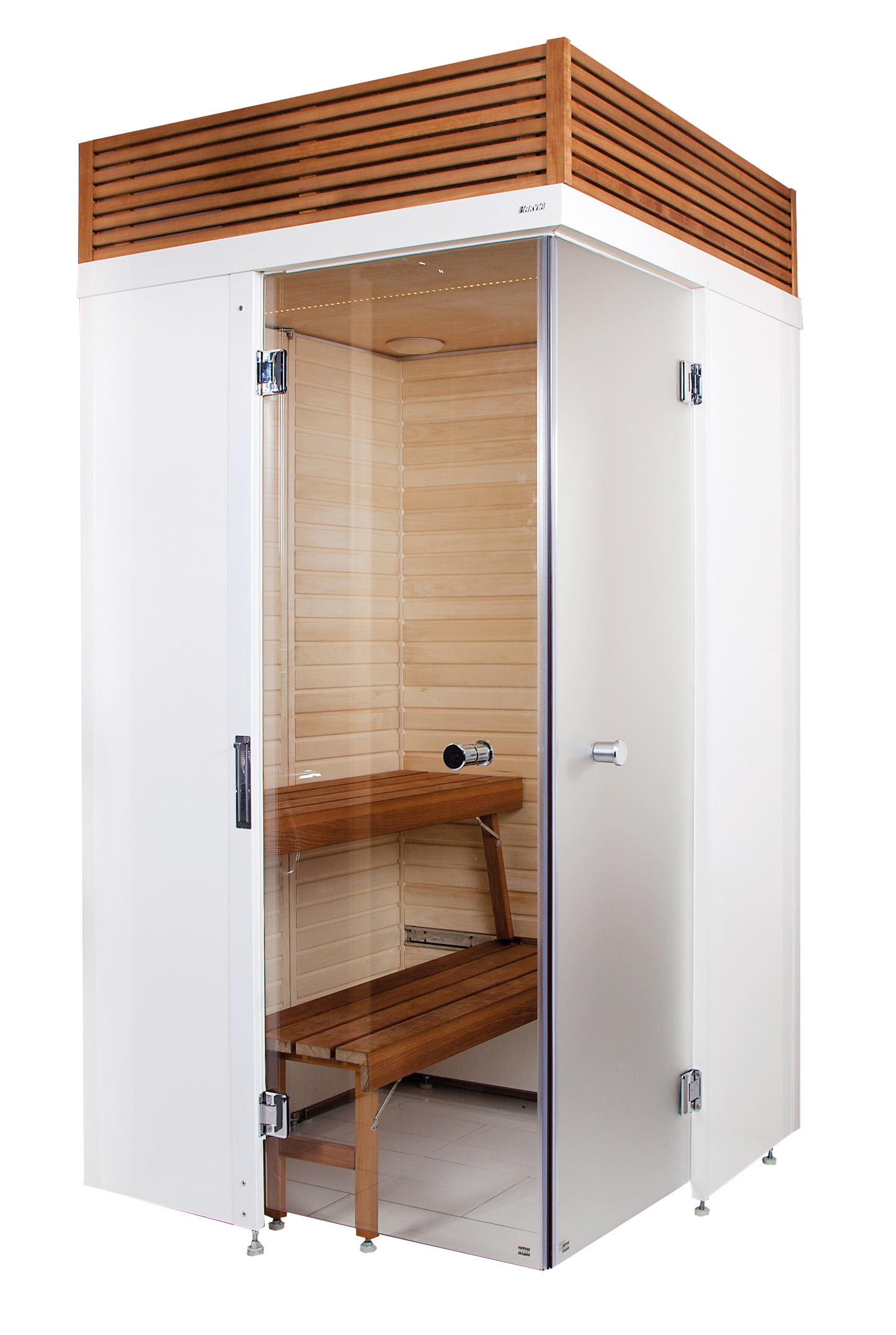 SmartFold sauna with glass door and wooden bench.