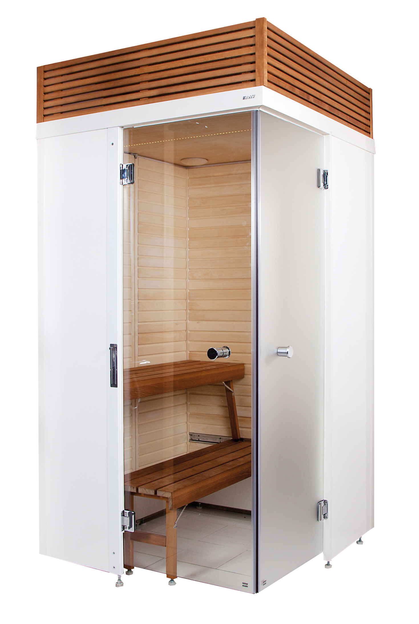 SmartFold sauna with glass door and wooden bench.