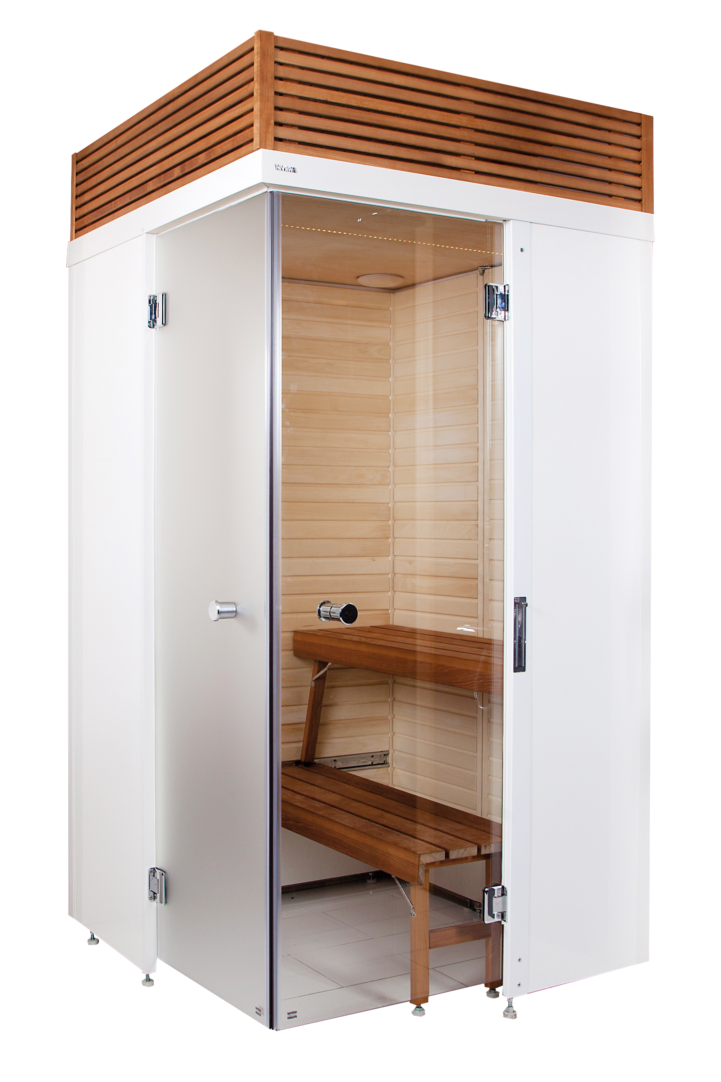 Smart Fold sauna with folding design and wooden bench.