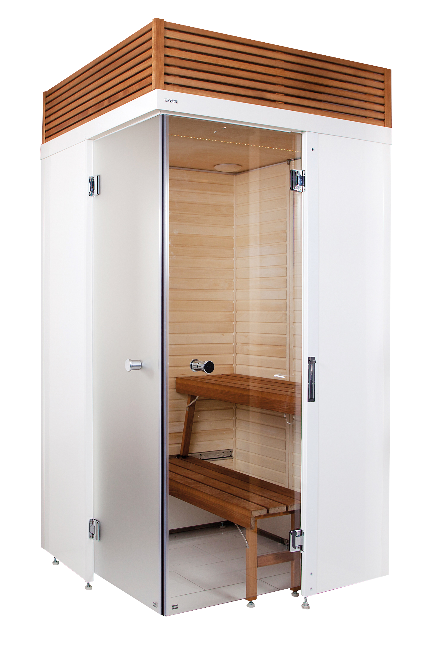 Smart Fold sauna with folding design and wooden bench.