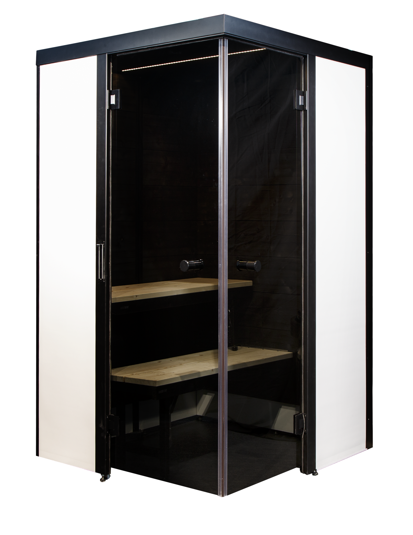 Smart Fold compact sauna with glass doors.