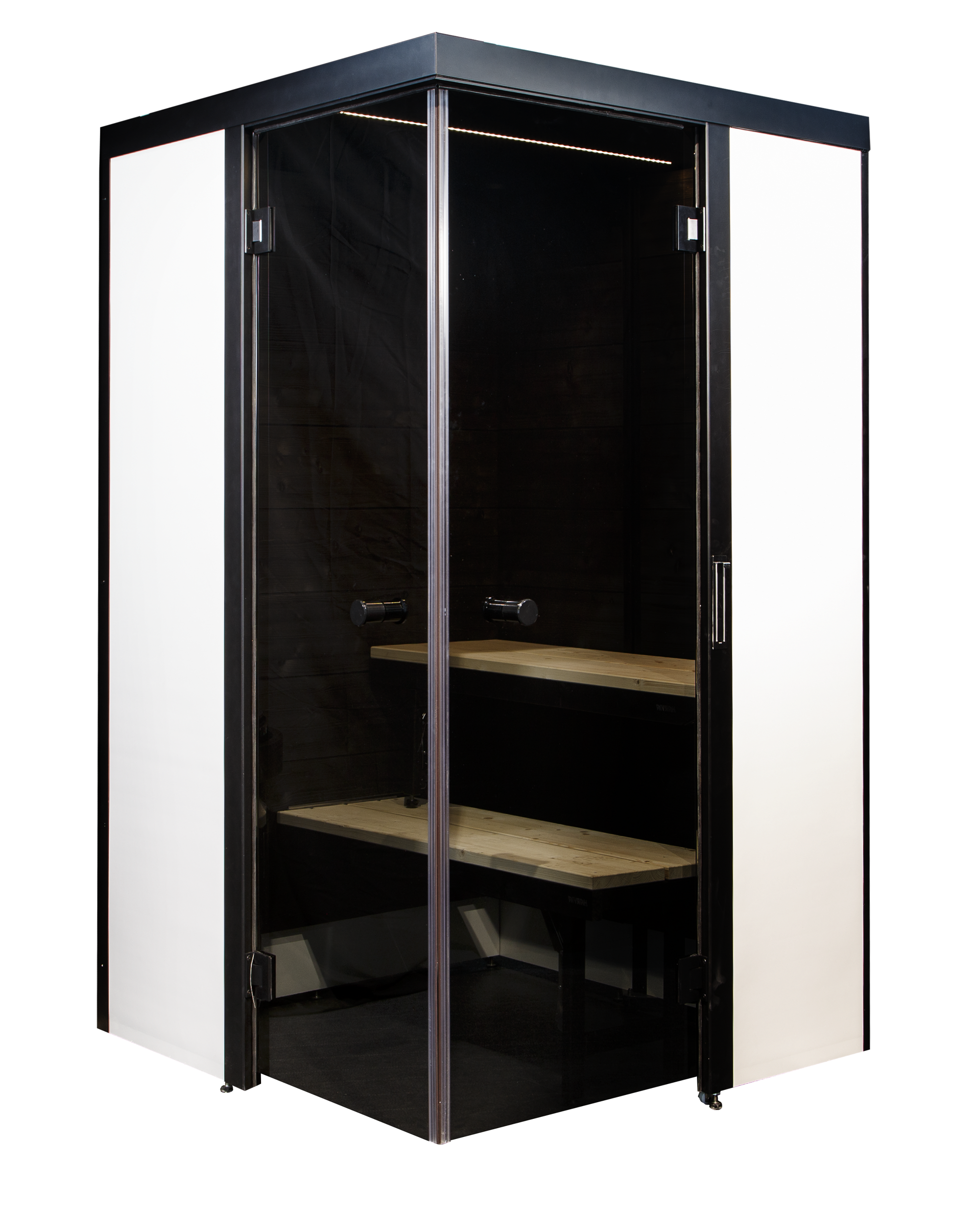 Smart Fold sauna with glass door and internal bench.