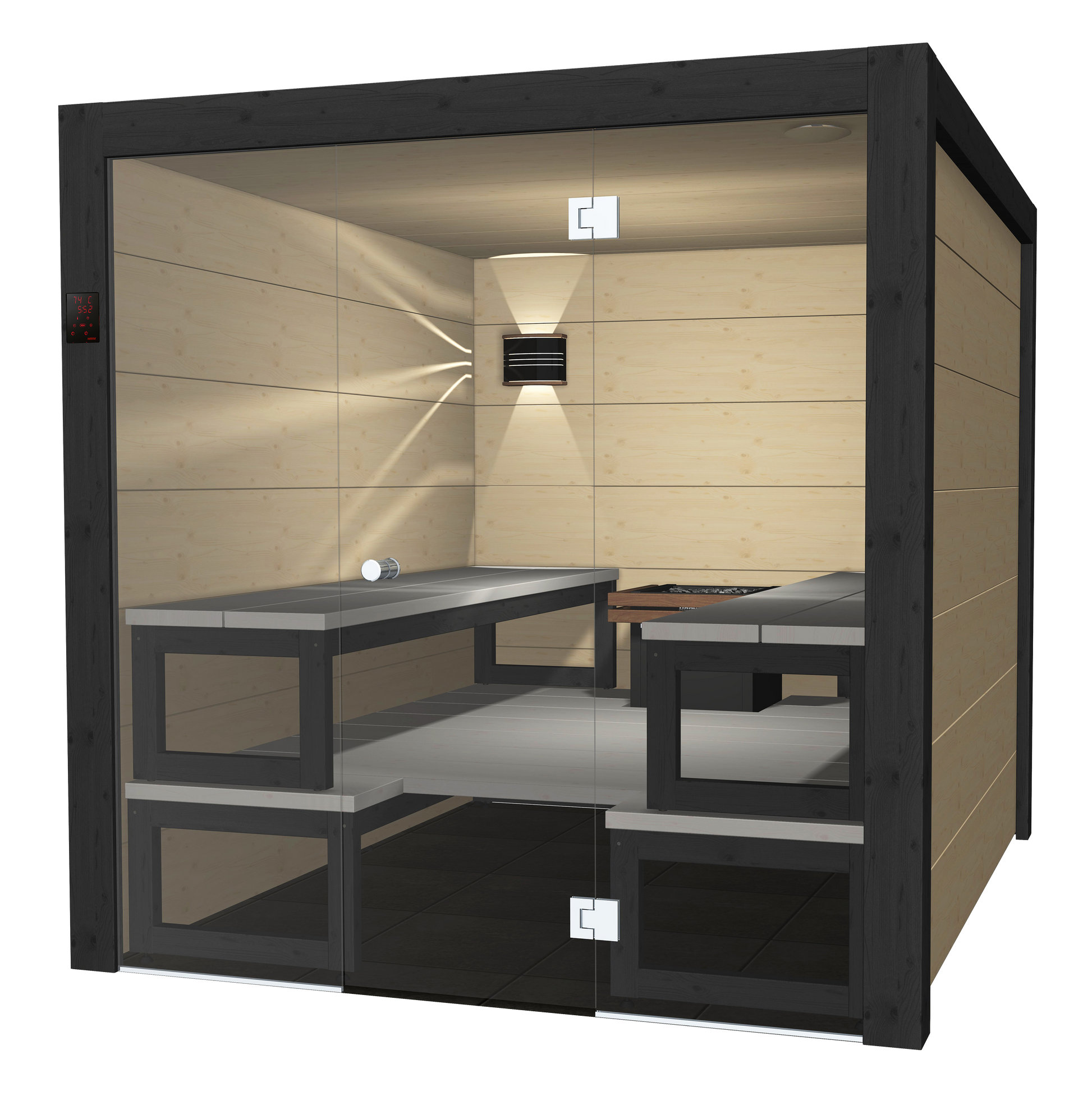 Solide sauna in a room with table and chairs.