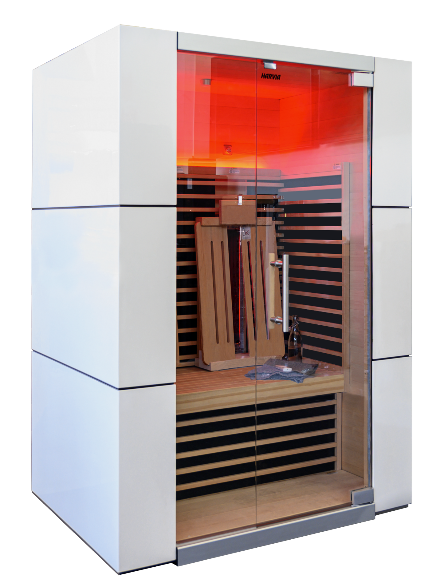 Spectrum infrared sauna with glass door and wooden interior.